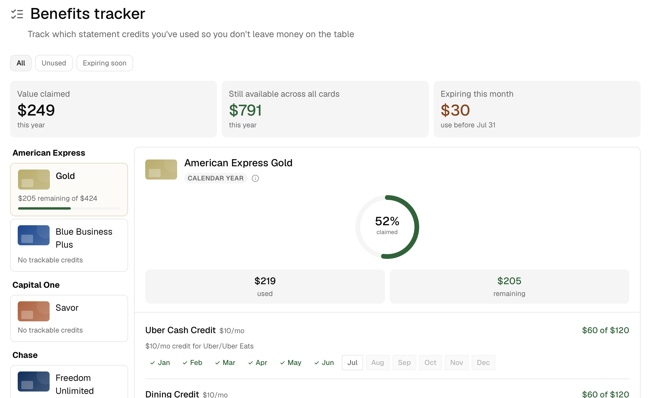 Benefits tracker screenshot